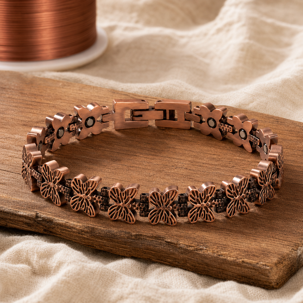 Copper Butterfly Link Bracelet with Fold-Over Clasp, 99.9% Pure Copper Handcrafted Jewelry — main image