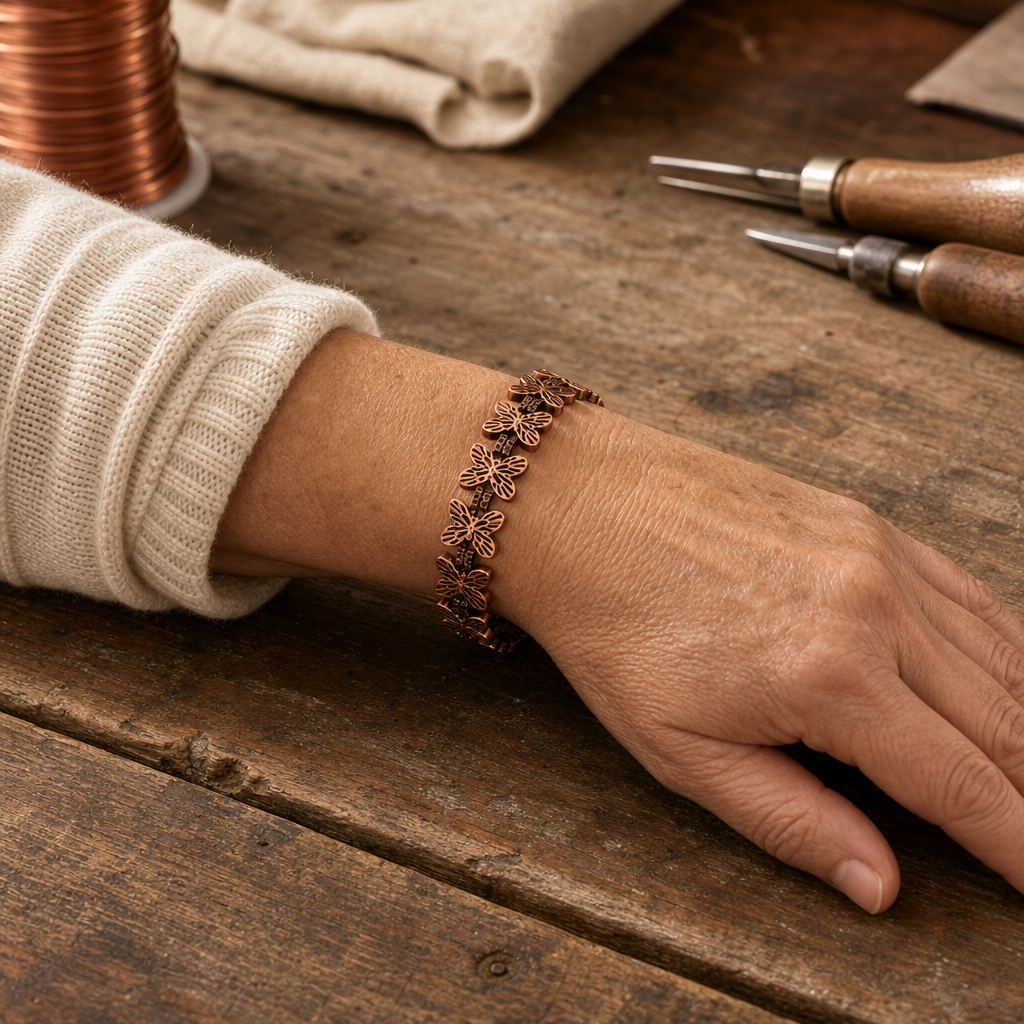 Copper Butterfly Link Bracelet with Fold-Over Clasp, 99.9% Pure Copper Handcrafted Jewelry — view 2