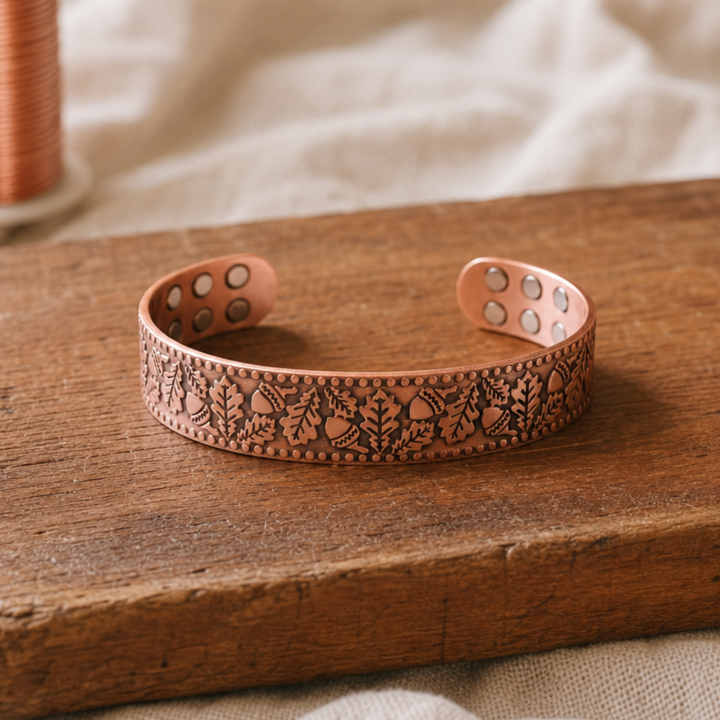 Copper Cuff Bracelet with Botanical Leaf and Acorn Design, Pure Copper — Hand-Shaped Open Cuff — main image