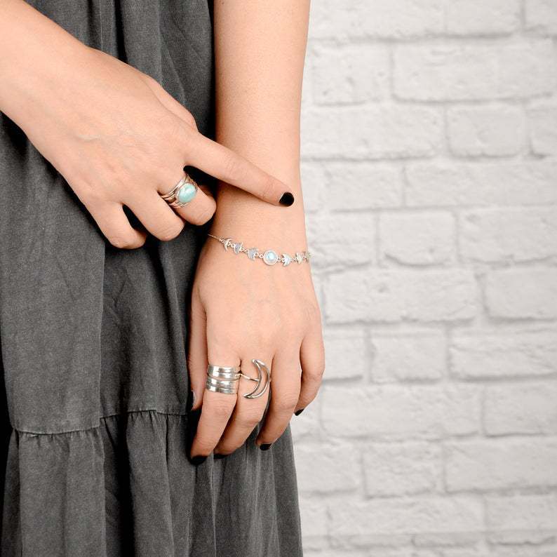 Moonstone-Look Jewelry Set - Silver-Tone Oval Ring, Teardrop Necklace and Moon Phase Bracelet - 3 Pieces