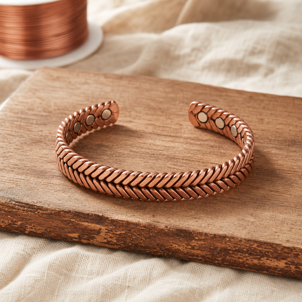 Copper Cuff Bracelet, Herringbone Texture, Adjustable Open Design — Hand-Shaped Copper Jewelry — main image
