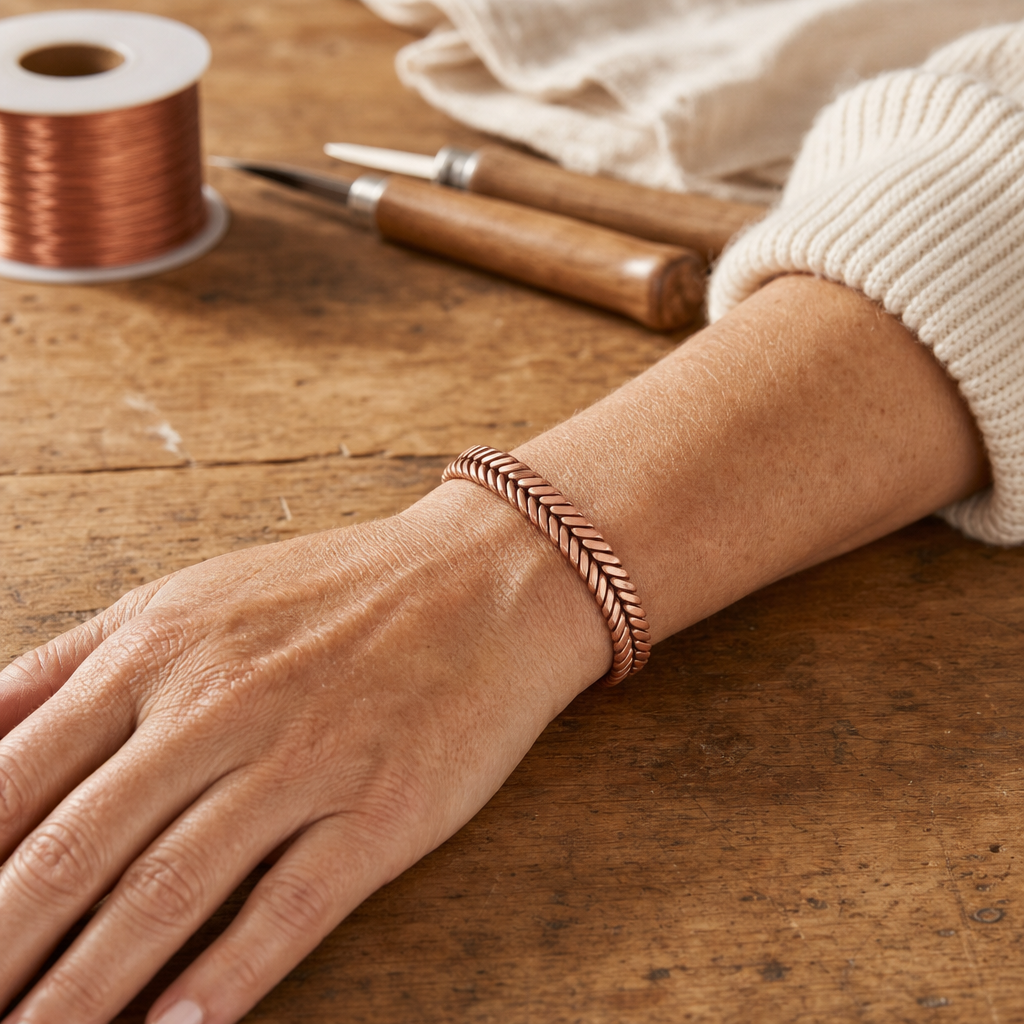 Copper Cuff Bracelet, Herringbone Texture, Adjustable Open Design — Hand-Shaped Copper Jewelry — view 2