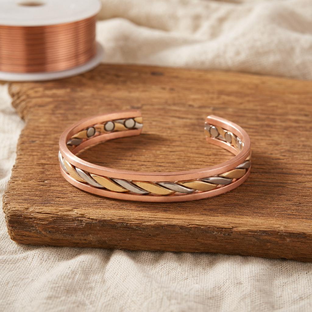 Copper Cuff Bracelet Rose Copper 99.9% Pure Copper Twisted Center Design — Adjustable Open Cuff — main image