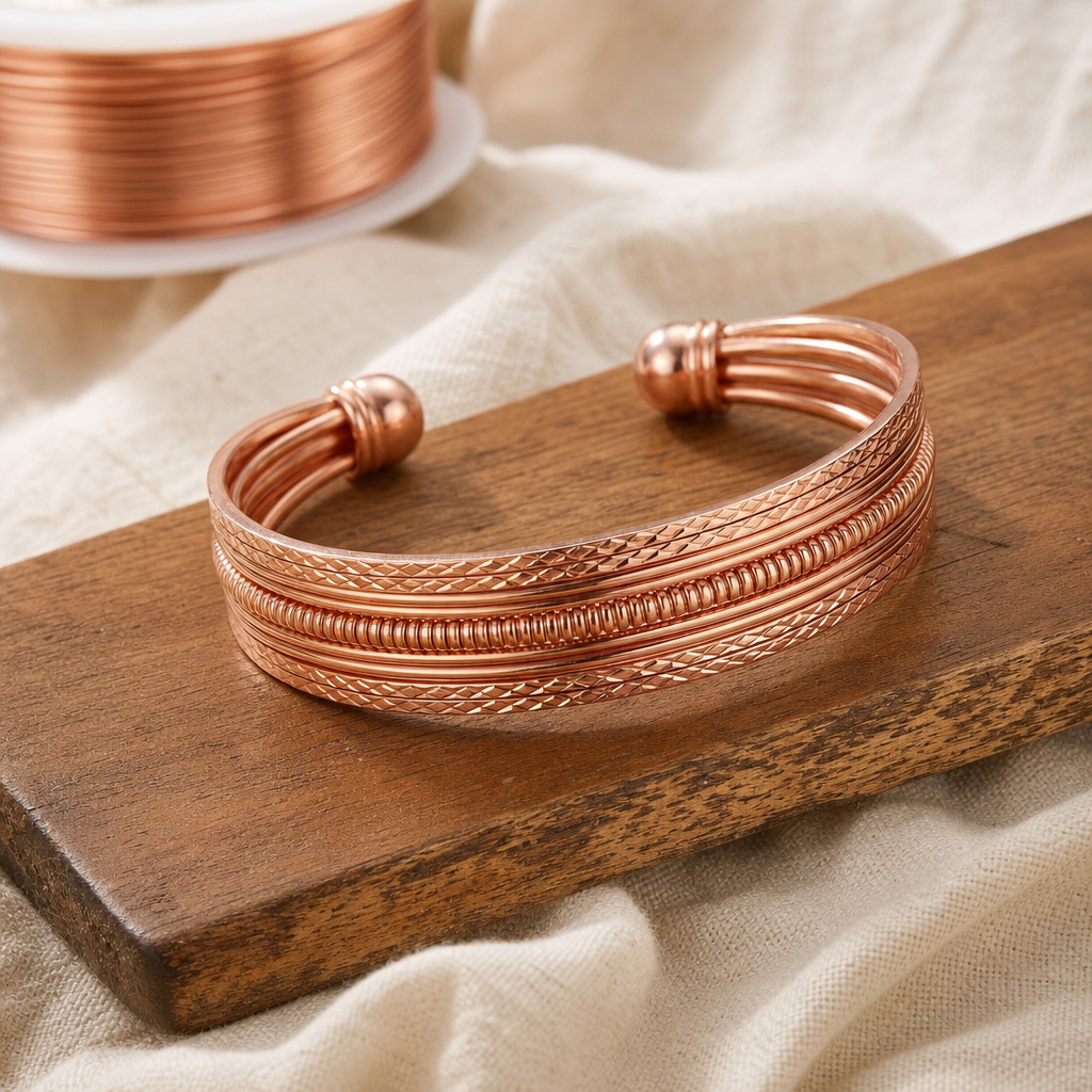 Copper Cuff Bracelet, Rose Copper Tone, 99.9% Pure Copper, Twisted Wire Design — Adjustable Open Cuff — main image