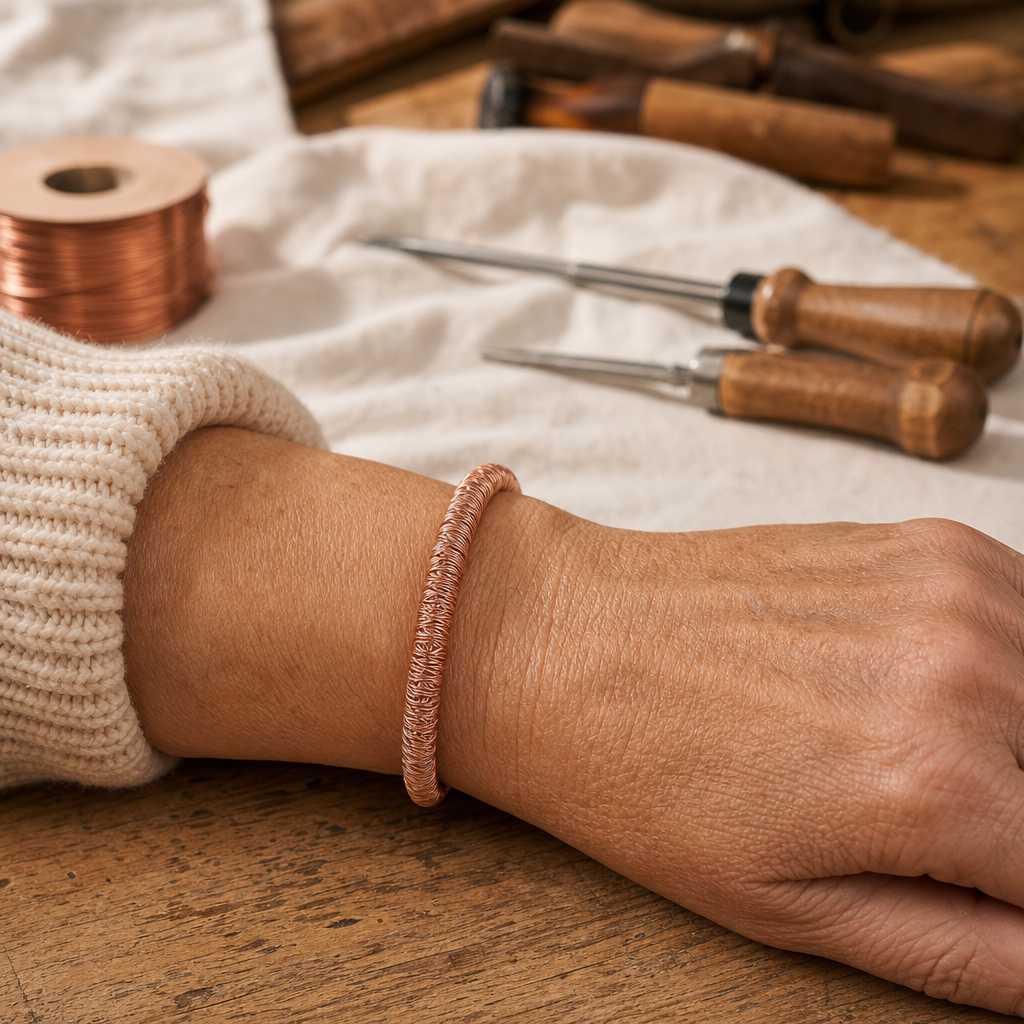 Copper Bangle Bracelet, Rose Gold Tone, 99.9% Pure Copper Wire-Wrapped Open Cuff — Handcrafted Jewelry — view 2