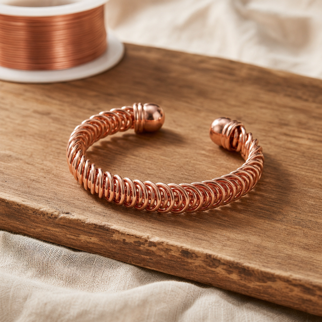 Copper Coil Cuff Bracelet, Adjustable Open Design, Ball Terminals — Handmade Wire Wrap Bracelet — main image