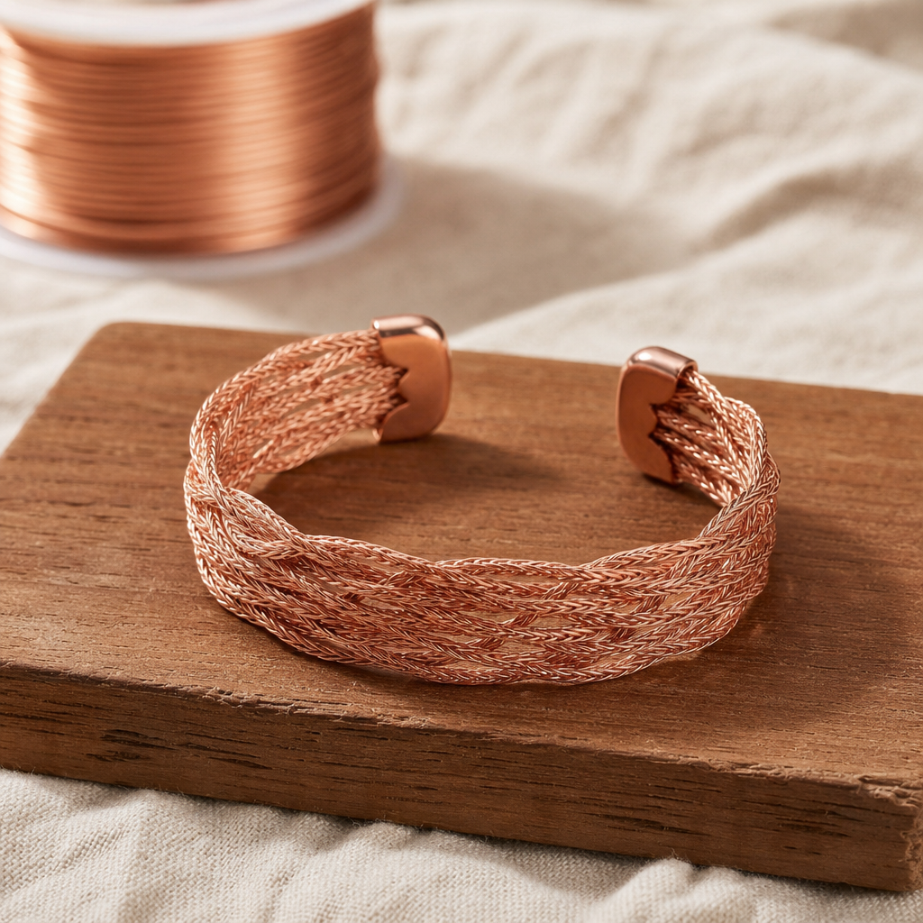 Copper Cuff Bracelet, Rose Copper Tone, 99.9% Pure Copper, Woven Mesh, Open Cuff — Copper Wellness Bracelet — main image
