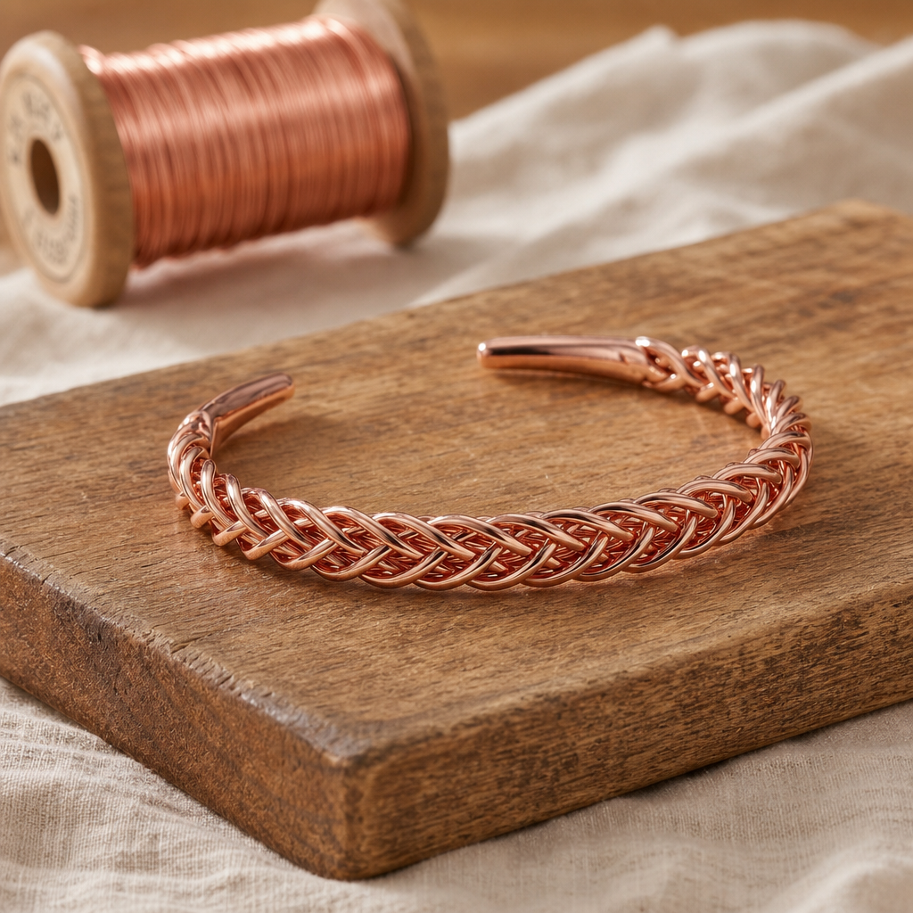 Copper Cuff Bracelet, Braided Twisted Rope Design, 99.9% Pure Copper — Hand-Shaped Open Cuff — main image