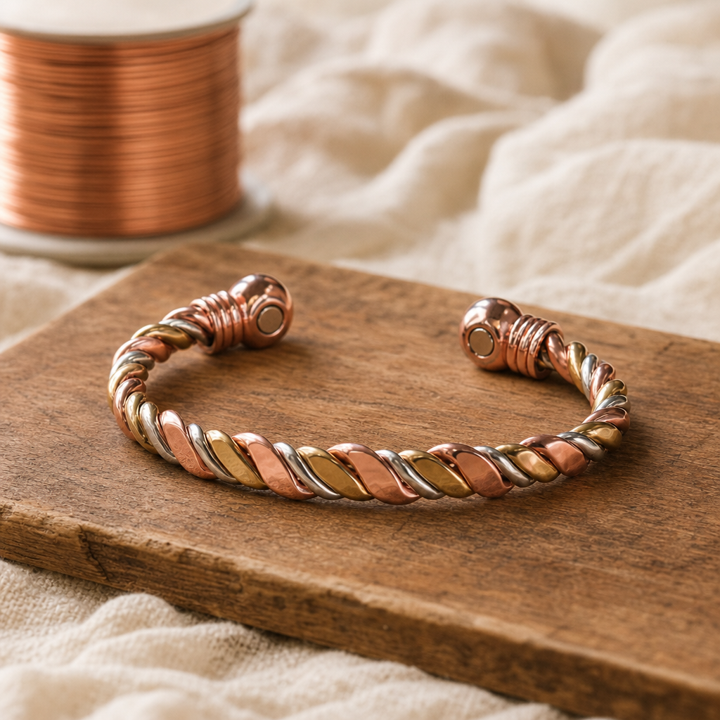 Twisted Copper Cuff Bracelet, Spiral Design with Decorative End Caps — Handmade Copper Jewelry — main image