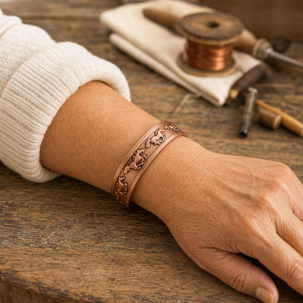 Copper Cuff Bracelet with Embossed Horse Motif — Hand-Shaped Adjustable Jewelry — view 2
