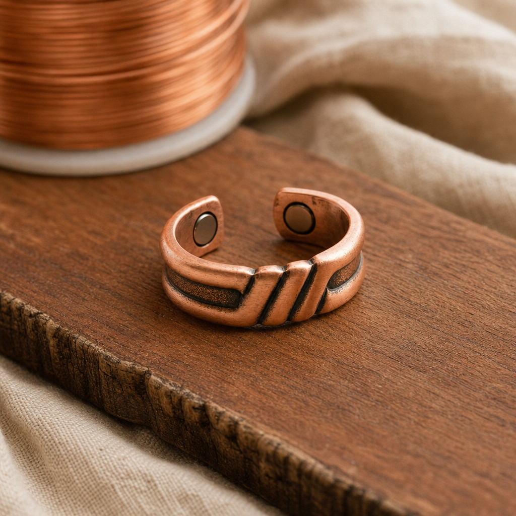 Copper Cuff Ring 99.9% Pure Copper Grooved Open Band — Hand-Shaped Adjustable Ring — main image