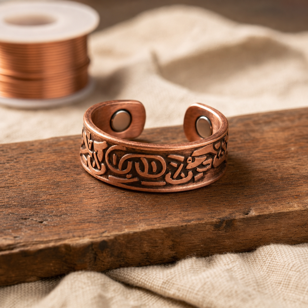Cuff Bracelet in Antiqued Copper with Scrollwork Design and Embedded Magnets — Adjustable Open Cuff — main image
