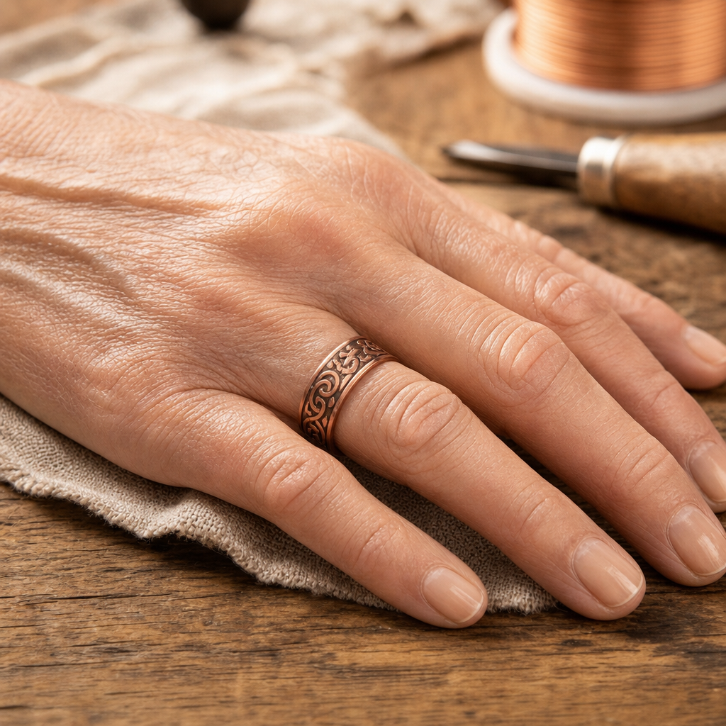 Cuff Bracelet in Antiqued Copper with Scrollwork Design and Embedded Magnets — Adjustable Open Cuff — view 2