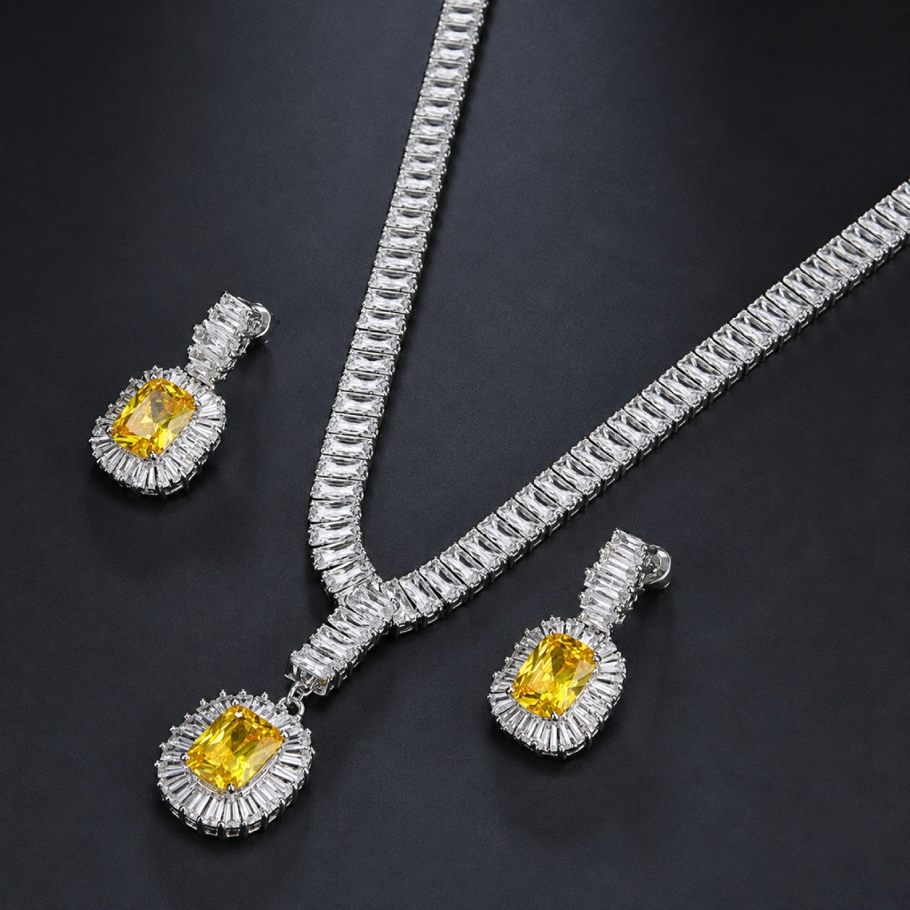 Yellow Cushion-Cut Stone Jewelry Set with Baguette Accents - Necklace, Bracelet & Earrings — main image