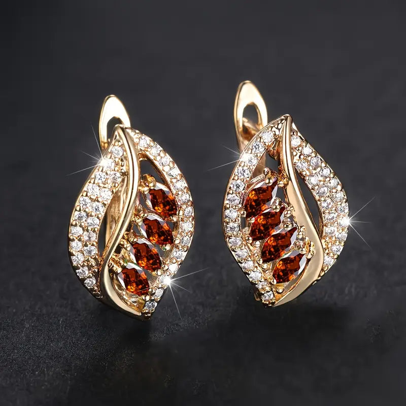 Teardrop Red Stone Earrings with Pavé Accents in Gold Tone — main image
