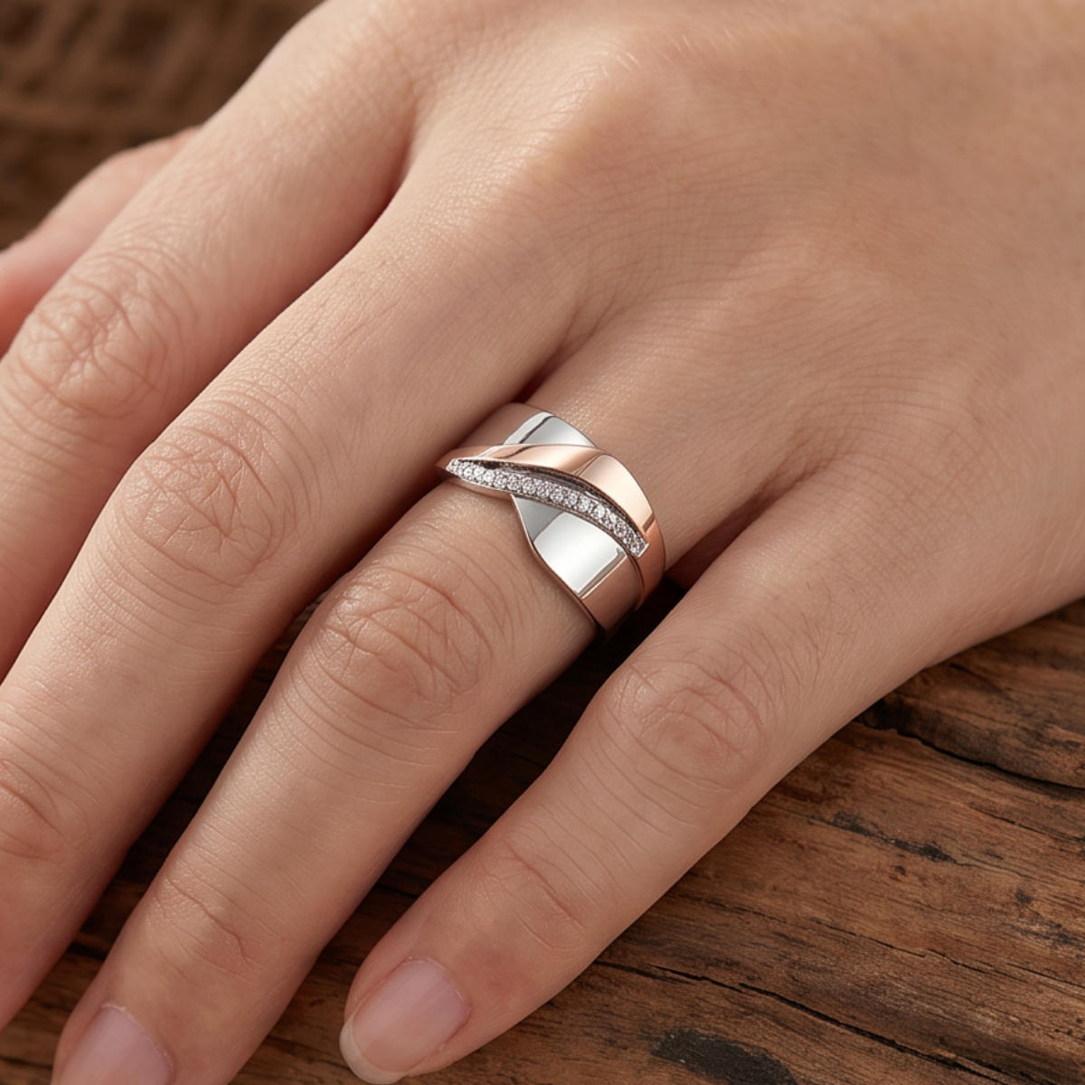 Two-Tone Cubic Zirconia Ring with Curved Rose Gold and Silver Band