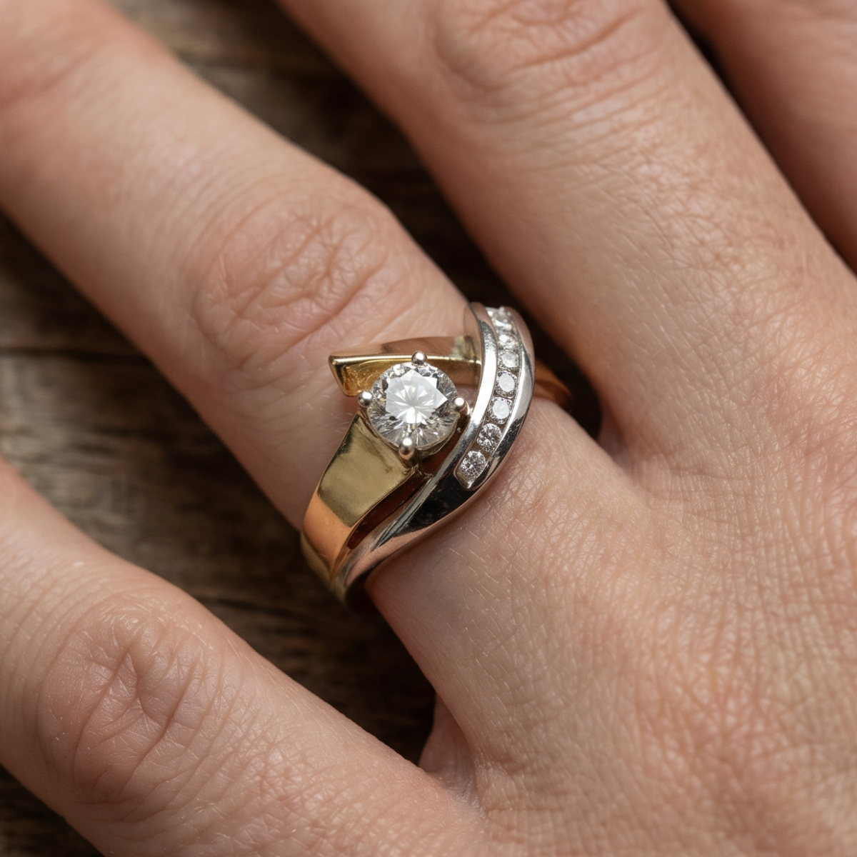 Irregular Two-Tone Gold & Silver Cocktail Ring, Geometric Solitaire Statement Ring, Sizes 5-12