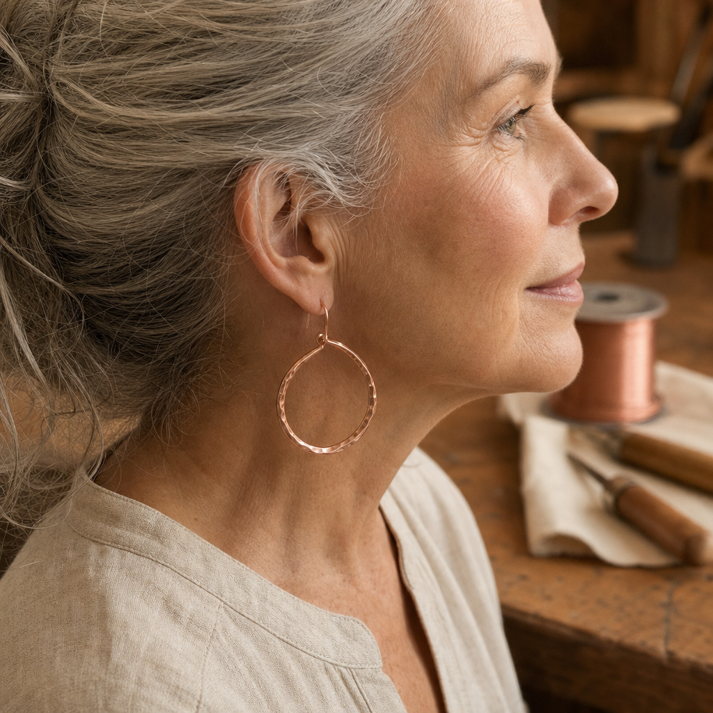 Hoop Earrings Copper Rose Gold Tone Hammered Texture — Handmade Copper Hoops — view 2