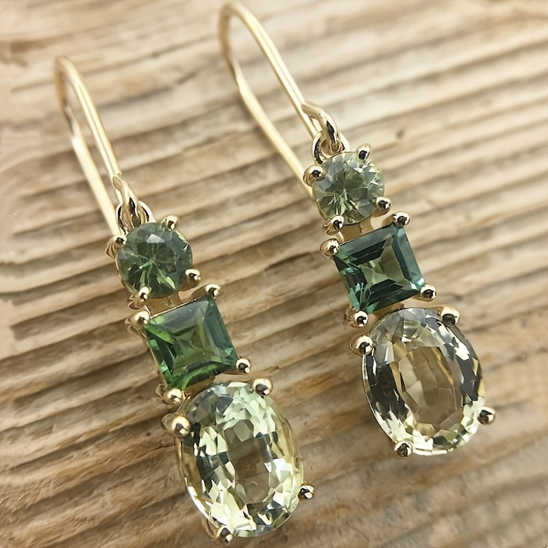 Olive Green Tiered Drop Earrings with Round, Rectangular and Oval Stones in Gold-Tone Setting — main image