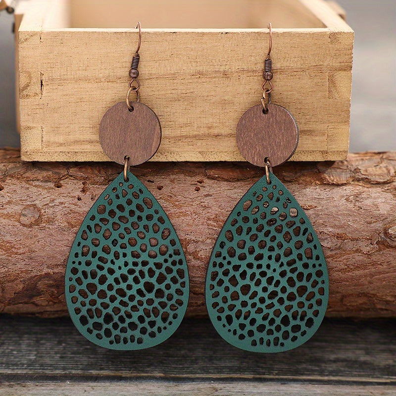 Teardrop Filigree PU Leather Drop Earrings with Wood Disc Accent