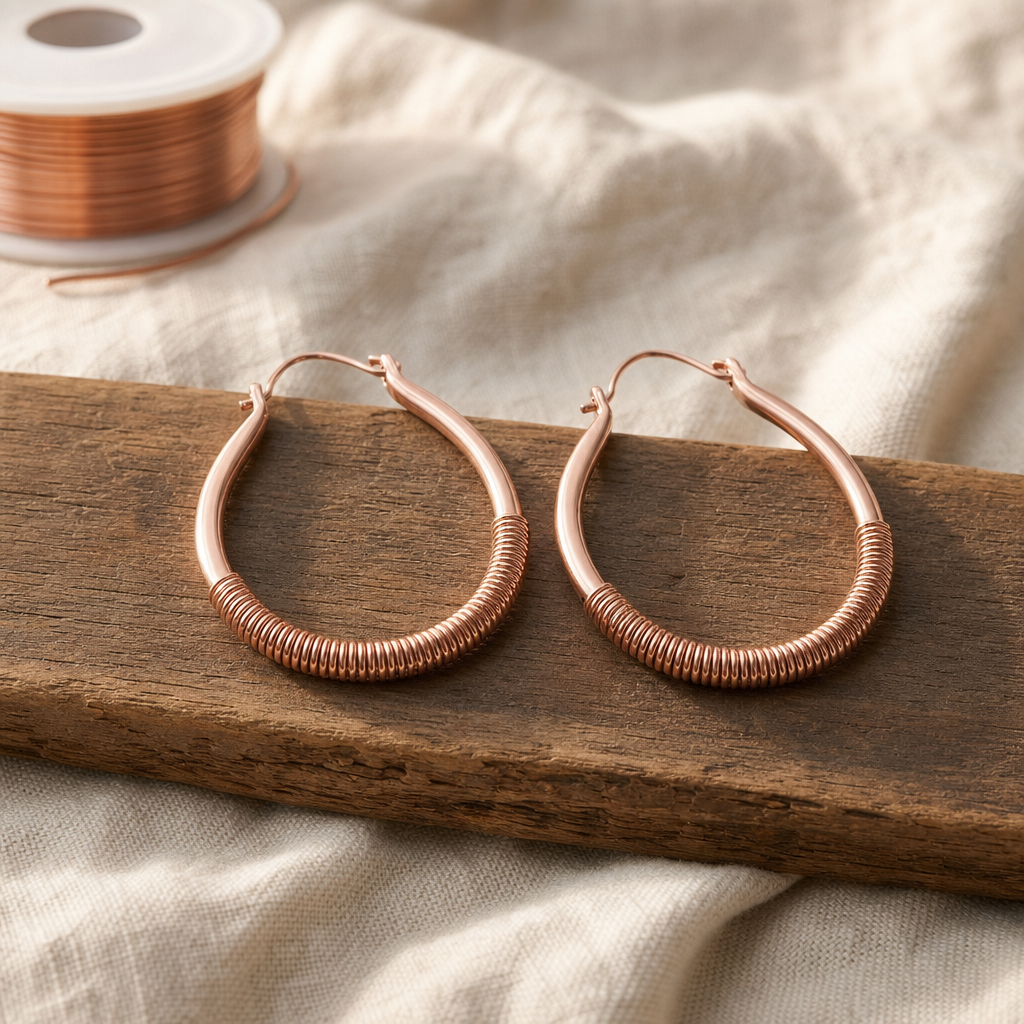 Copper Hoop Earrings, Rose Copper, 99.9% Pure Copper, Coil Wrap Detail — Hand-Shaped Hoops — main image