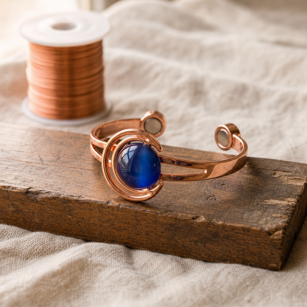 Copper Cuff Bracelet with Blue Cabochon Stone, Wire-Wrapped Bezel — Adjustable Open Cuff — main image