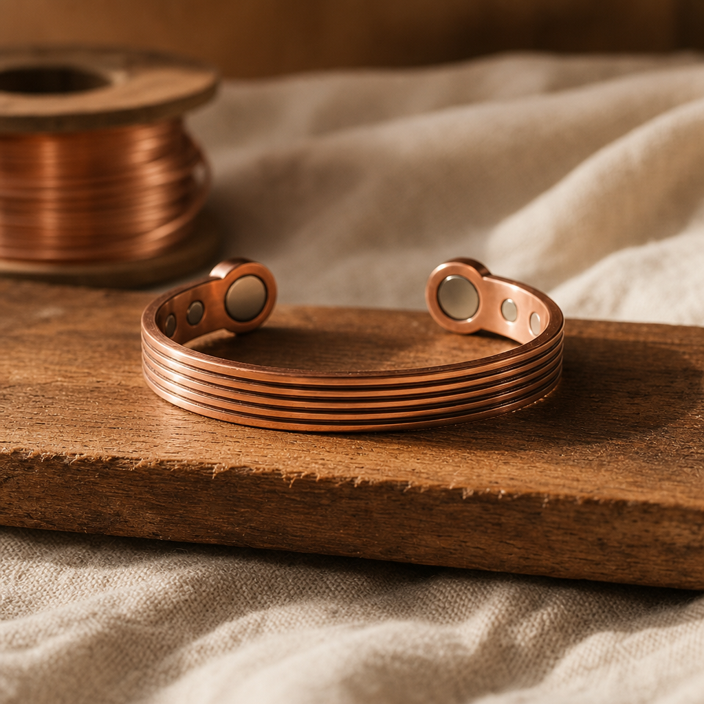 Copper Cuff Bracelet with Ridged Bands, Adjustable Open Design — Pure Copper Wellness Bracelet — main image