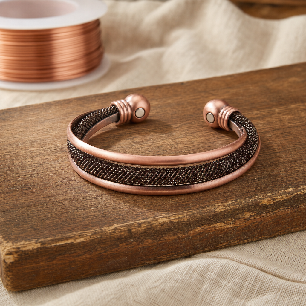 Cuff Bracelet Pure Copper Mesh Inlay — Handcrafted Open Design — main image