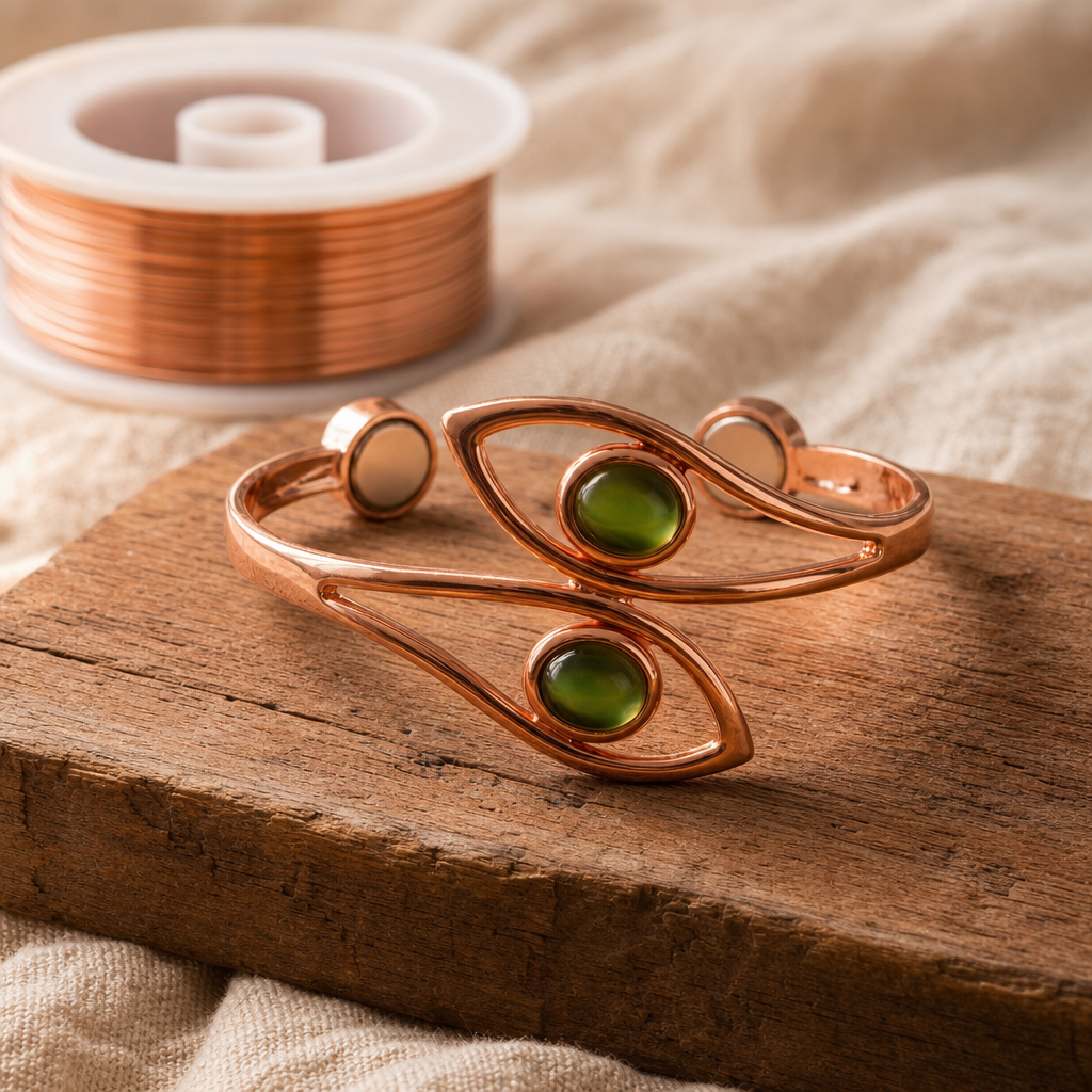 Copper Bangle Bracelet with Green Stone Accents and Wire-Wrapped Design, Handmade 99.9% Pure Copper — main image
