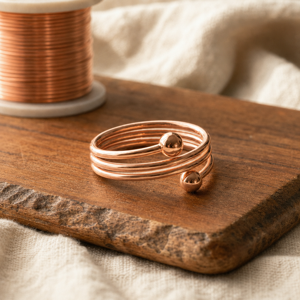 Copper Wire-Wrap Spiral Ring with Ball Terminals — 99.9% Pure Copper Adjustable Ring — main image