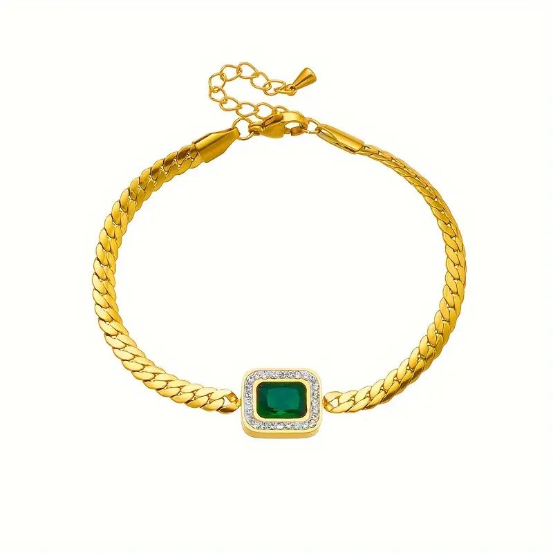 Square Emerald Pendant Bracelet with Crystal Halo, Gold-Tone Curb Chain — view 7