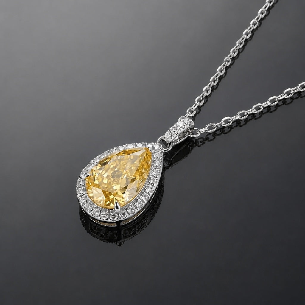 Yellow Teardrop Pendant Necklace with White Stone Halo, Silver-Tone Chain — view 2