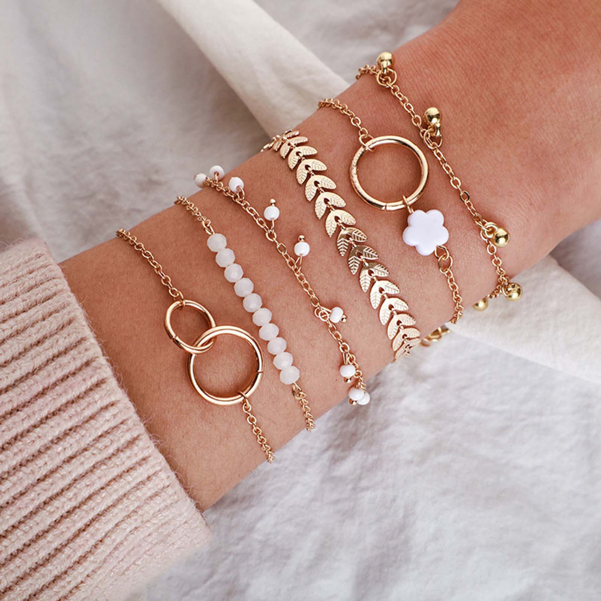 Leaf & Flower Charm Gold-Tone Bracelet Set, 6 Pieces with White Bead Accents — main image