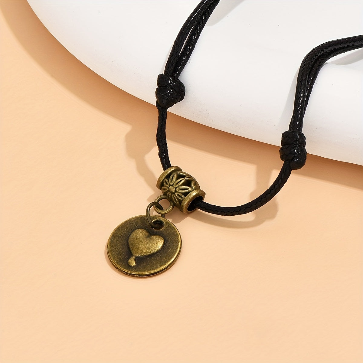 Heart Charm Anklet with Black Waxed Cord and Antique Brass Sun Bead Detail