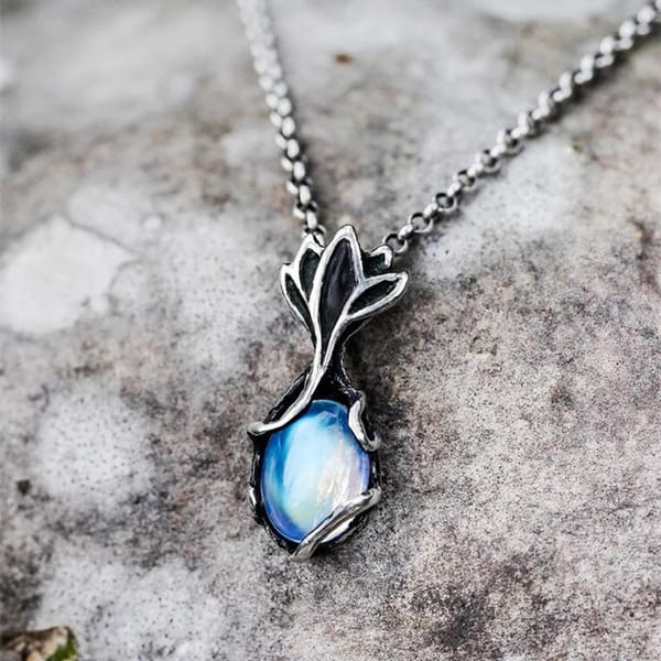Lotus Flower Blue Moonstone Pendant Necklace with Silver-Tone Chain