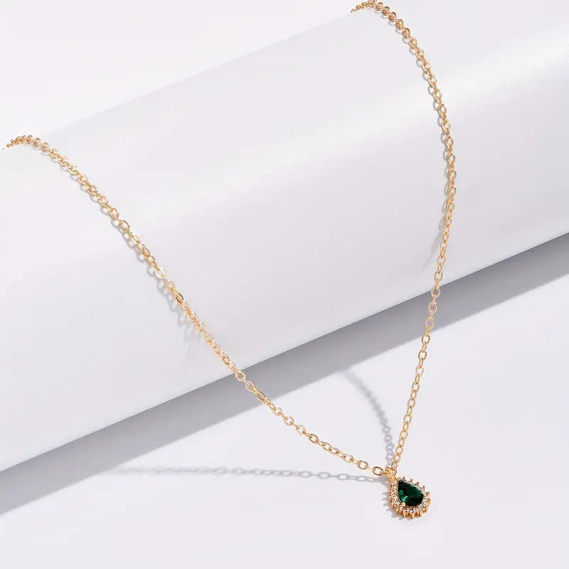 Teardrop Emerald Pendant Necklace with Crystal Halo Setting, Gold Tone Chain