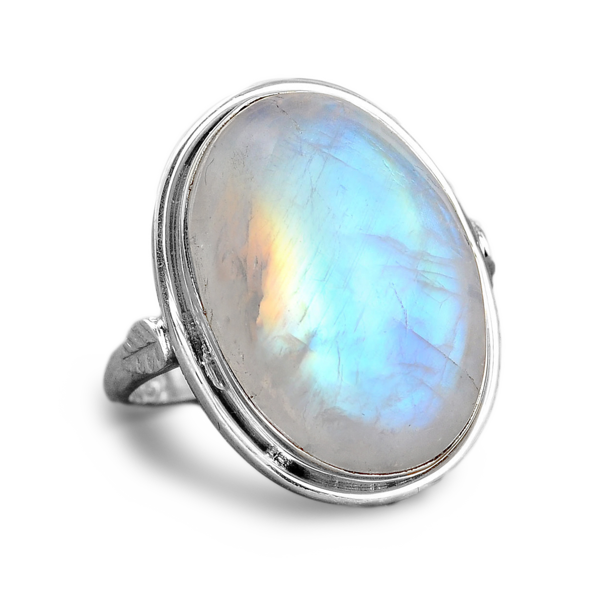 Oval Moonstone Statement Ring with Leaf Detail, Sterling Silver Band