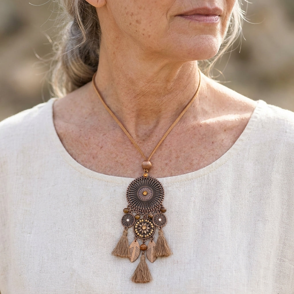 1 bohemian style womens pendant necklace round hollow out fringe in deep coffee color zinc alloy with copper alloy plating suitable for daily and vacation occasions — lifestyle