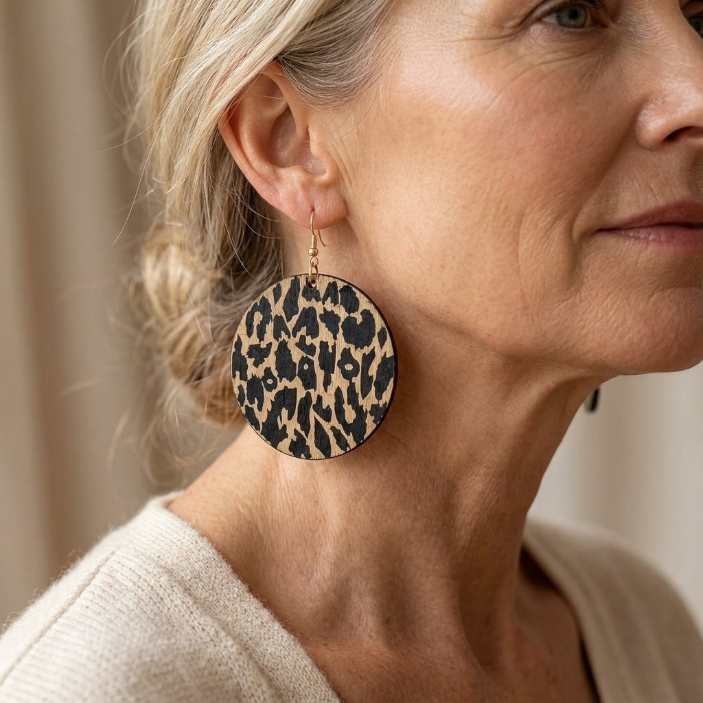 1 pair bohemian retro wood earrings suitable for wood round pendant dangle earrings with carved leopard print for daily wear vacation year round neutral style — lifestyle