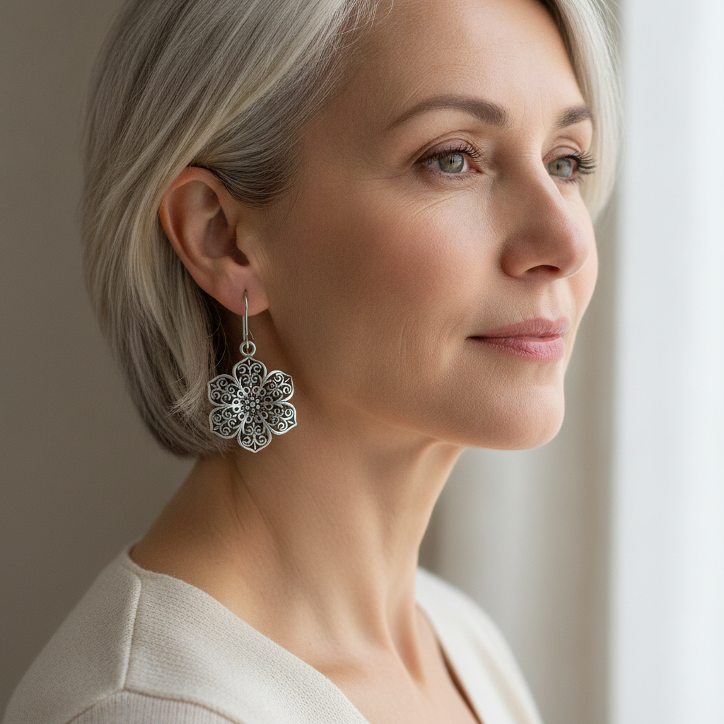 1 pair of unique vintage bohemian style silvery flower earrings dangle earrings for women — lifestyle