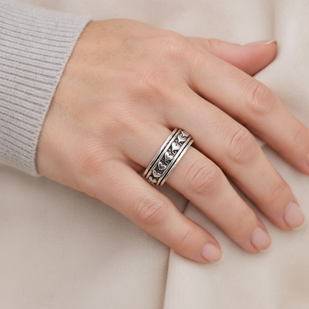 1 retro stainless steel ring with heart shaped relief and rotatable decompression design suitable both men and women daily wear valentines day gifts banquets parties holidays birthdays and gifts — lifestyle
