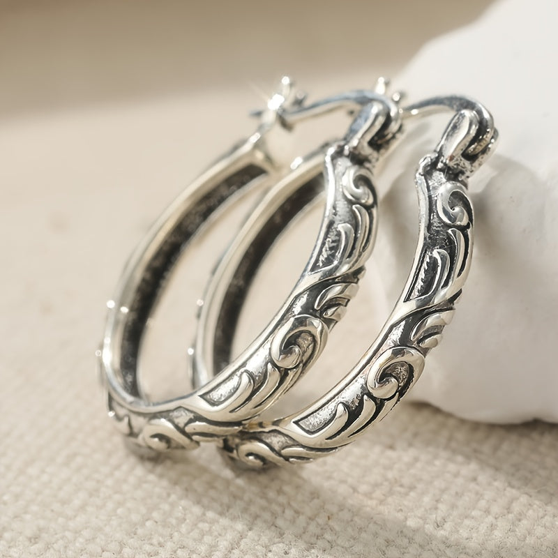 Vintage Filigree Hoop Earrings with Textured Silver-Tone Finish