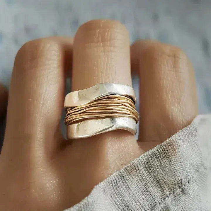 Wide Silver Band Statement Ring with Gold-Tone Wire Wrap Detail — main image