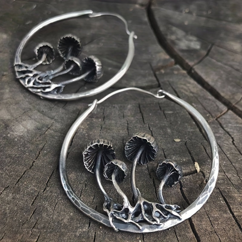 Mushroom Cluster Hoop Earrings with Carved Root Detail