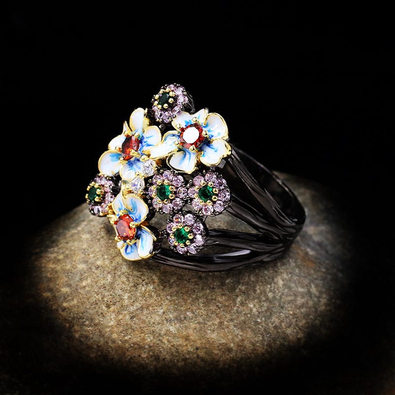 Floral Enamel Cocktail Ring with Red and Purple Stones in Black and Gold Tone