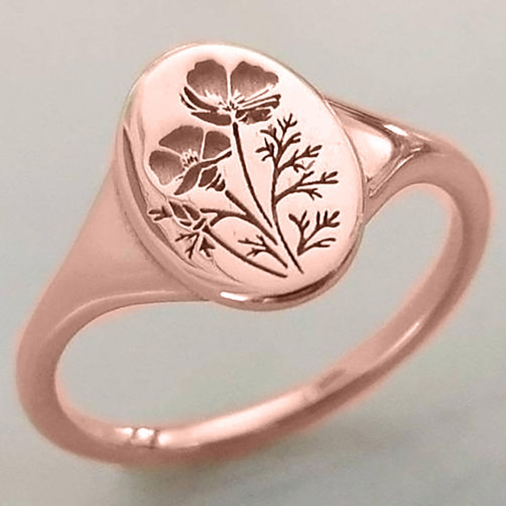 Oval Signet Ring with Wildflower and Leaf Engraving