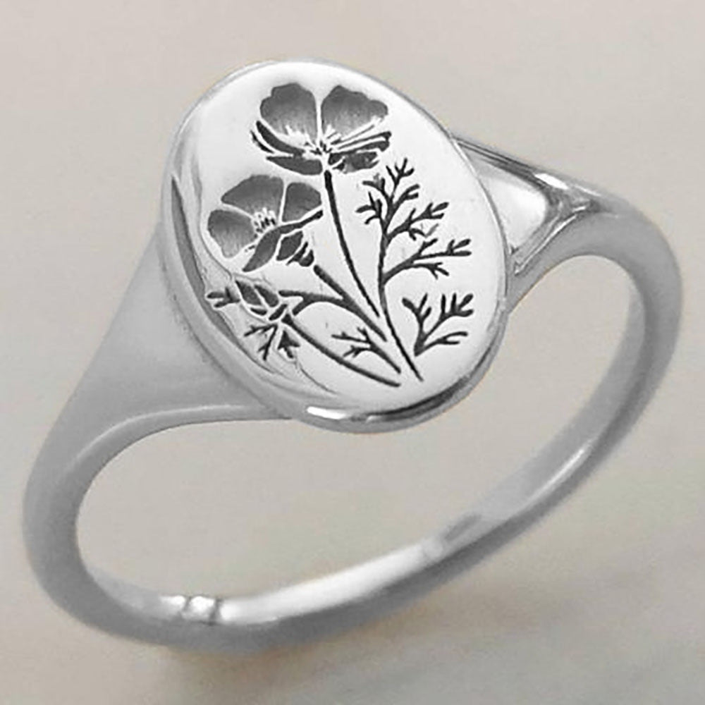 Oval Signet Ring with Wildflower and Leaf Engraving