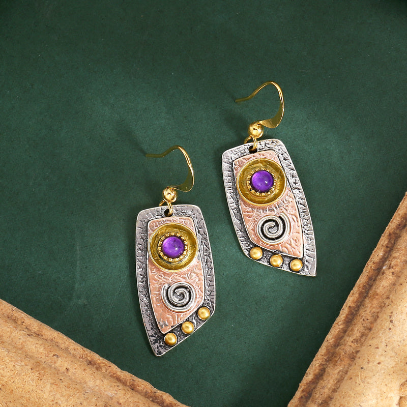 Purple Stone Dangle Earrings with Gold-Tone Spiral Detail