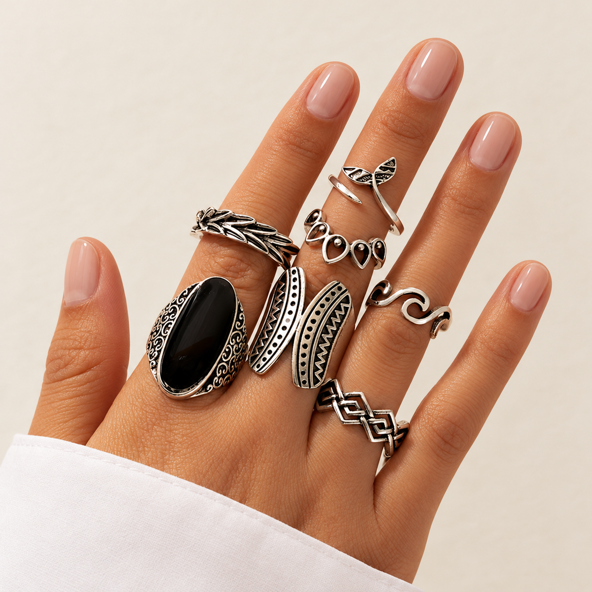 black oil dripping ring set fishtail geometric hollow — lifestyle