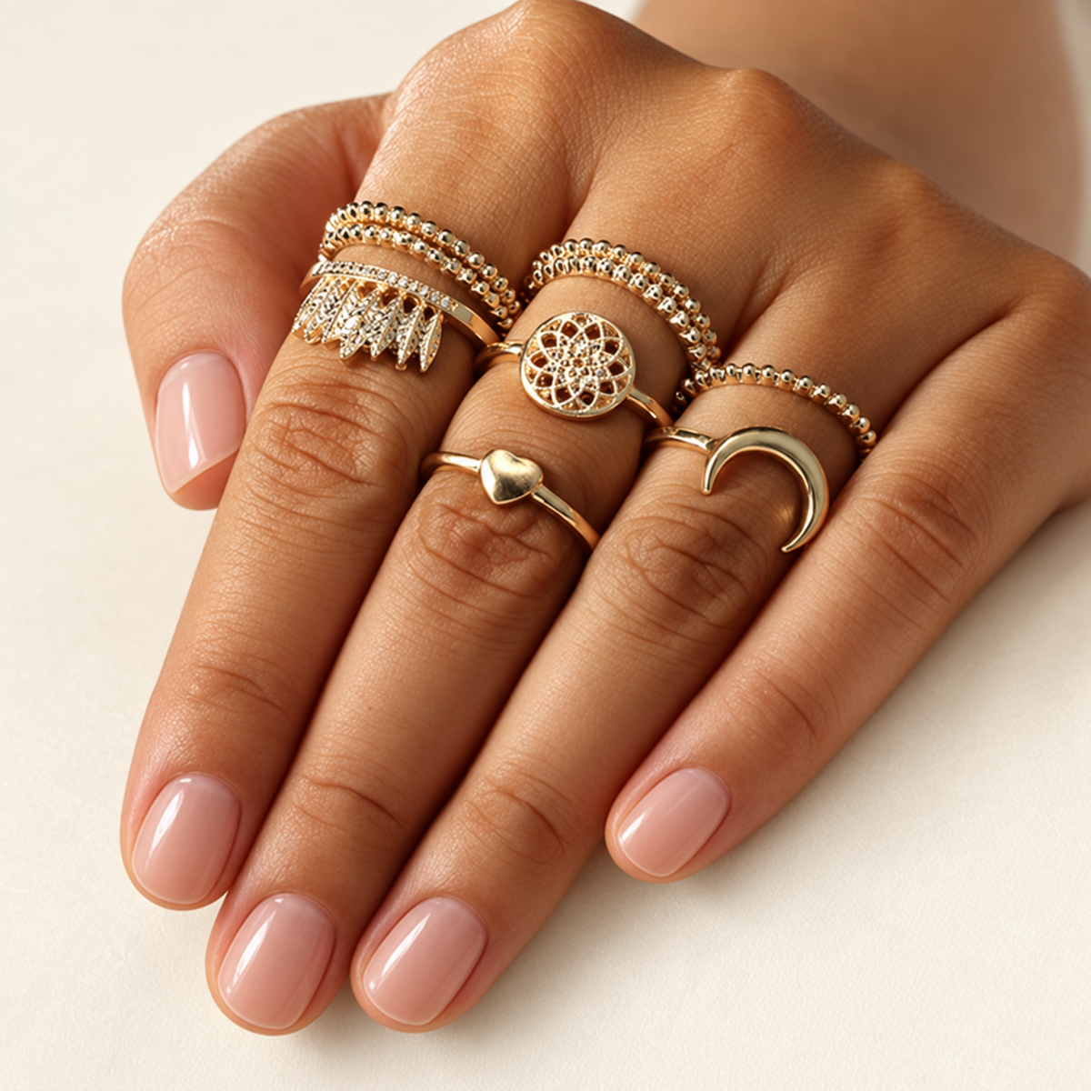 9pcs midi rings set for women boho detailed metal moon feather crown dreamcatcher knuckle gold color ring fashion jewelry kb423 — lifestyle